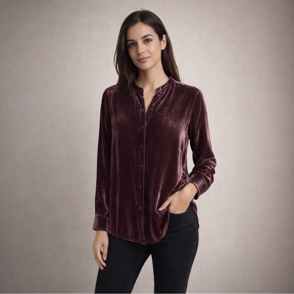 Eileen Fisher Velvet Silk Blend Mandarin Collar Blouse | Small Petite | Hibiscus